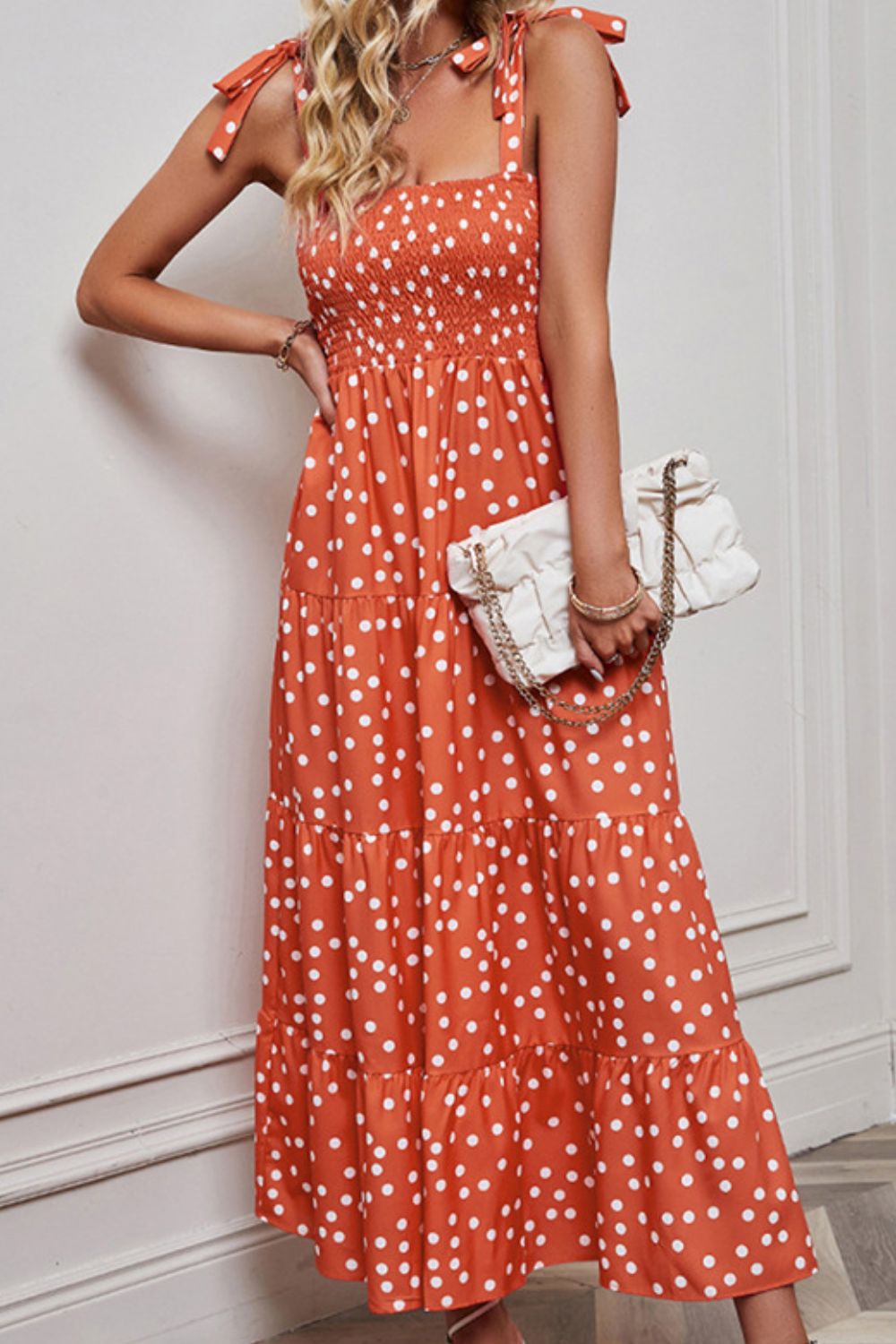 Polka Dot Smocked Tiered Sleeveless Dress.