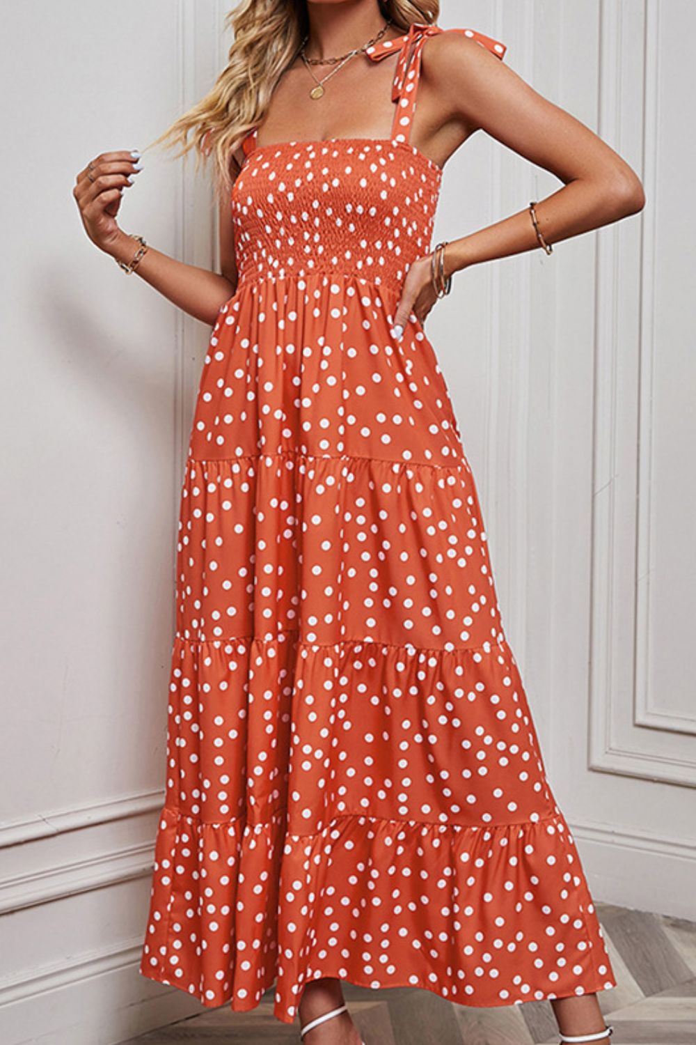 Polka Dot Smocked Tiered Sleeveless Dress.