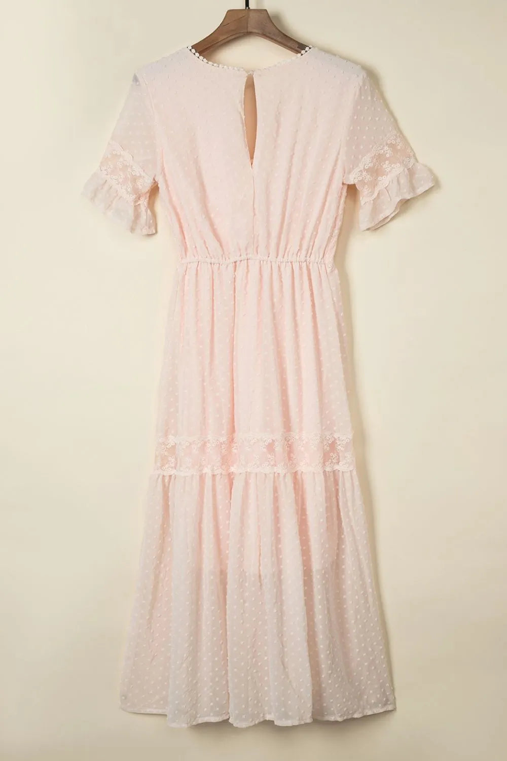 Polka Dot V-Neck Ruffle Midi Dress.