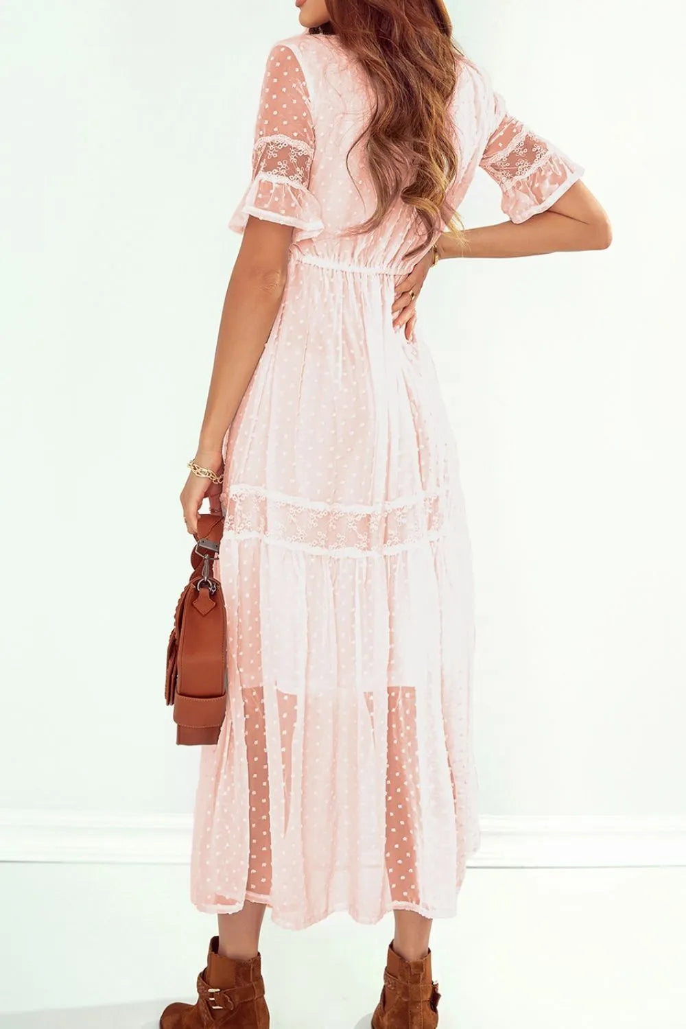 Polka Dot V-Neck Ruffle Midi Dress.