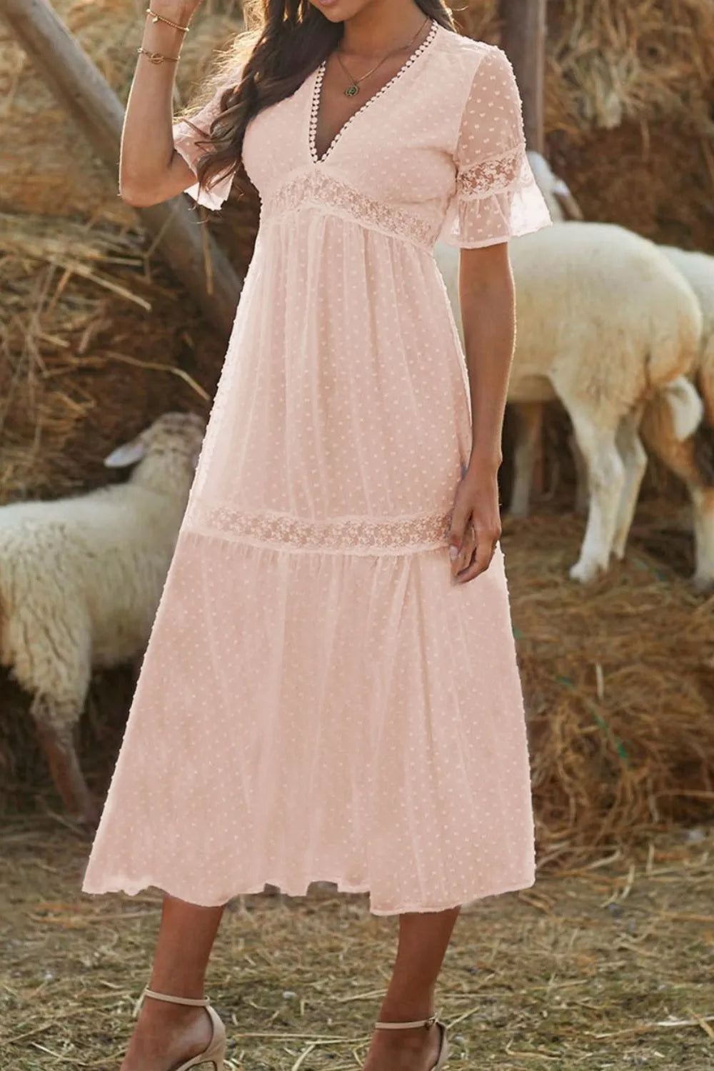 Polka Dot V-Neck Ruffle Midi Dress.
