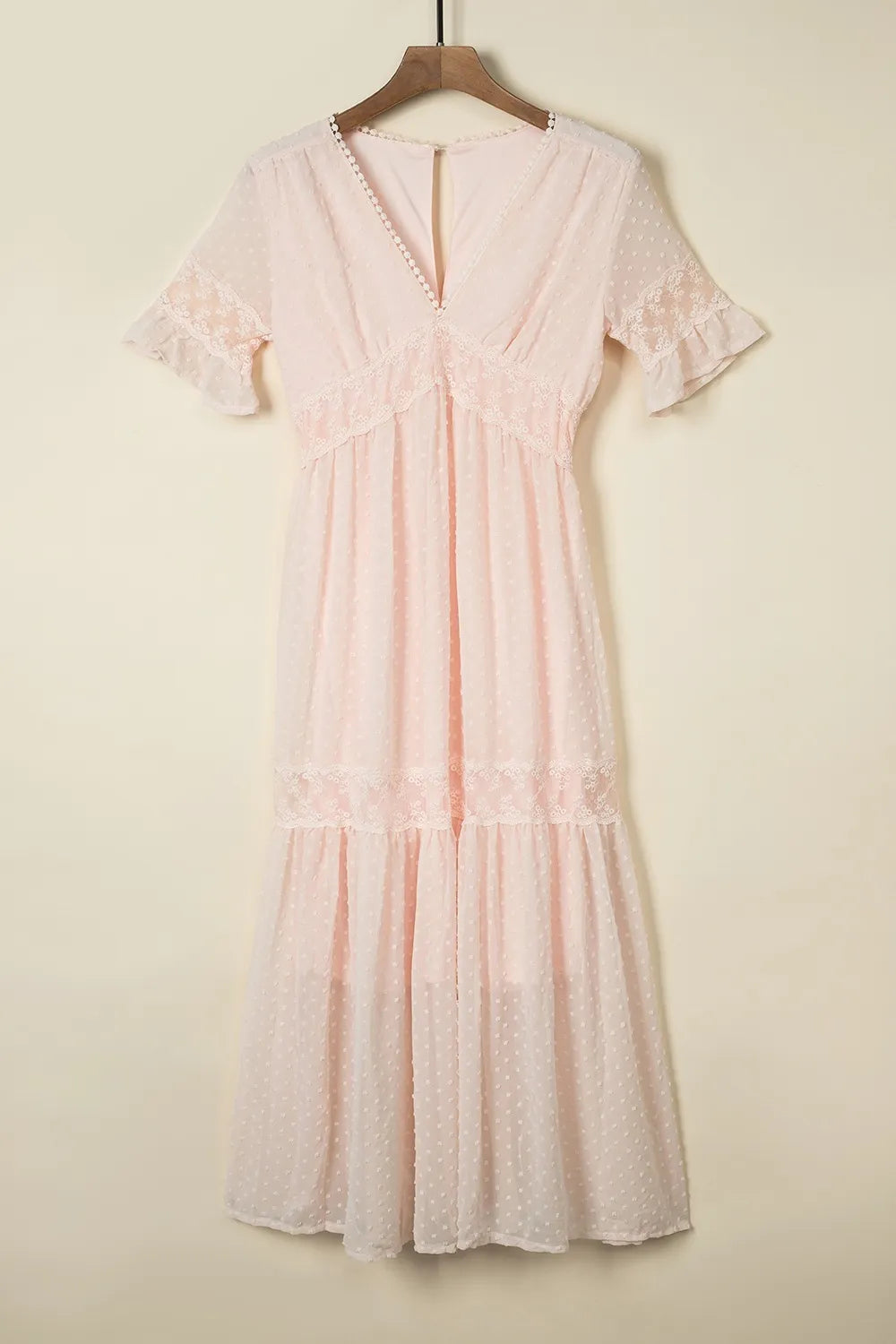 Polka Dot V-Neck Ruffle Midi Dress.