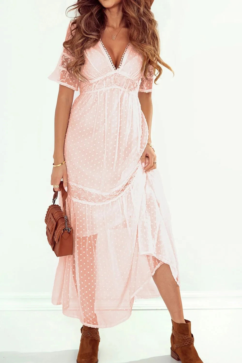 Polka Dot V-Neck Ruffle Midi Dress.