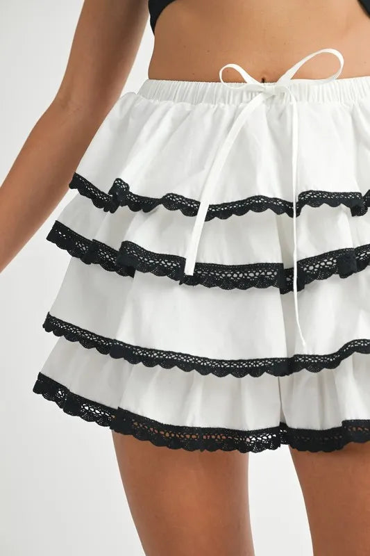 Mable Poplin Ruffle Layered Contract Lace Trim Mini Skirt.