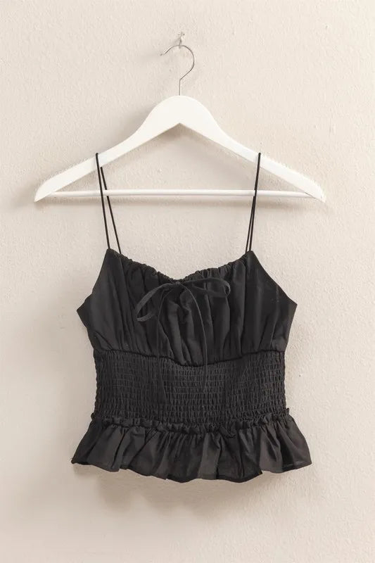 Poplin smocked waist summery cami top with ruffled and tied details.