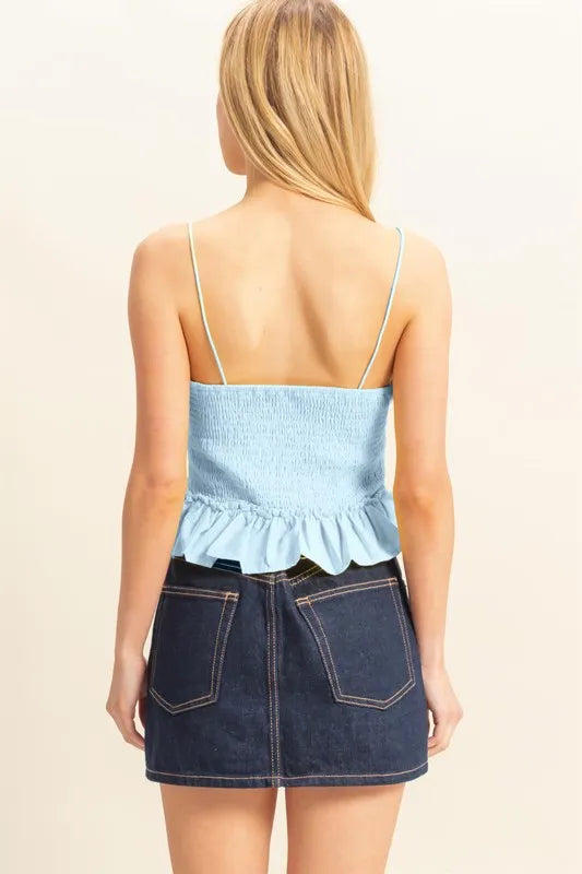 Poplin smocked waist summery cami top with frill and ruffled details, moderately stretchy.