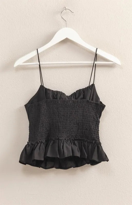 Poplin smocked waist summery cami top with ruffled and tied details.