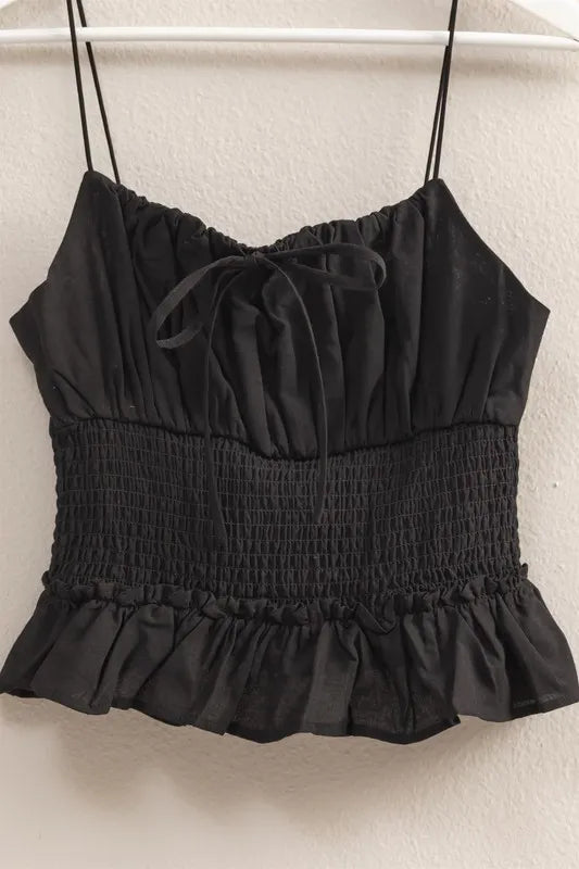Poplin smocked waist summery cami top with ruffled and tied details.