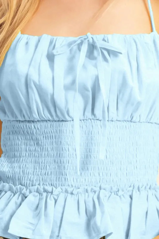 Poplin smocked waist summery cami top with frill and ruffled details, moderately stretchy.