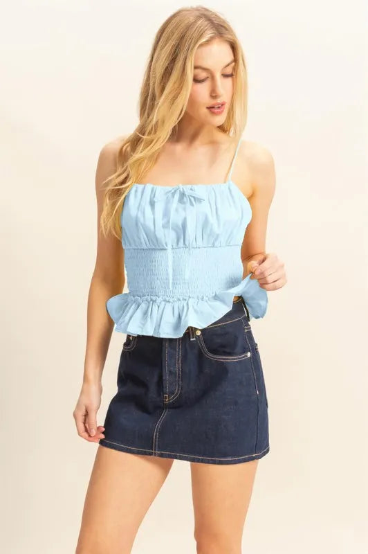 Poplin smocked waist summery cami top with frill and ruffled details, moderately stretchy.
