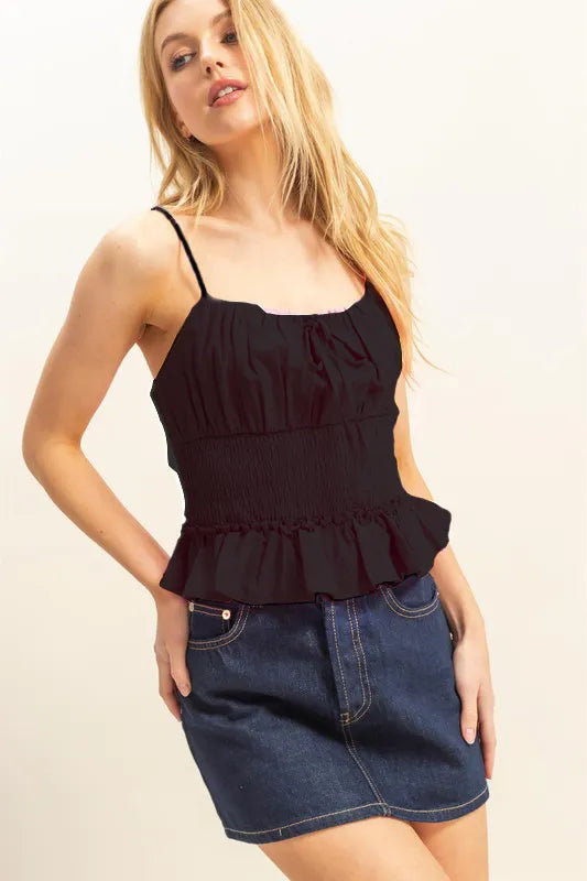 Poplin smocked waist summery cami top with ruffled and tied details.