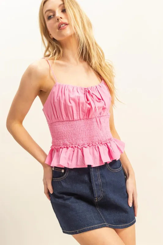 Poplin smocked waist summery cami top with frill and ruffled details, moderately stretchy.