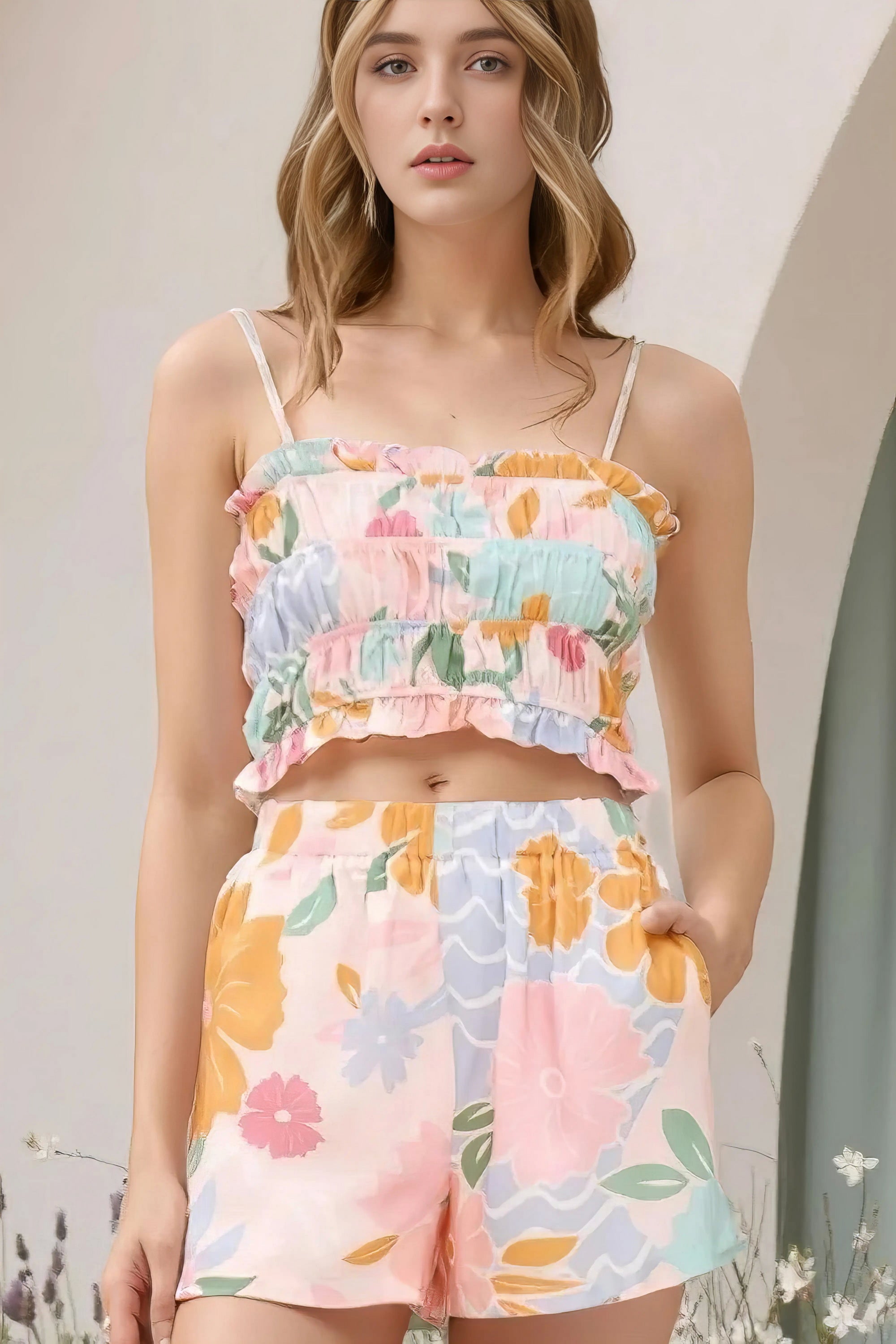 Print ruffle trim cami top and shorts set, women's charming two-piece outfit, feminine ruffle details, smocked top, comfortable shorts, slightly stretchy linen polyester blend, ideal for summer casual wear