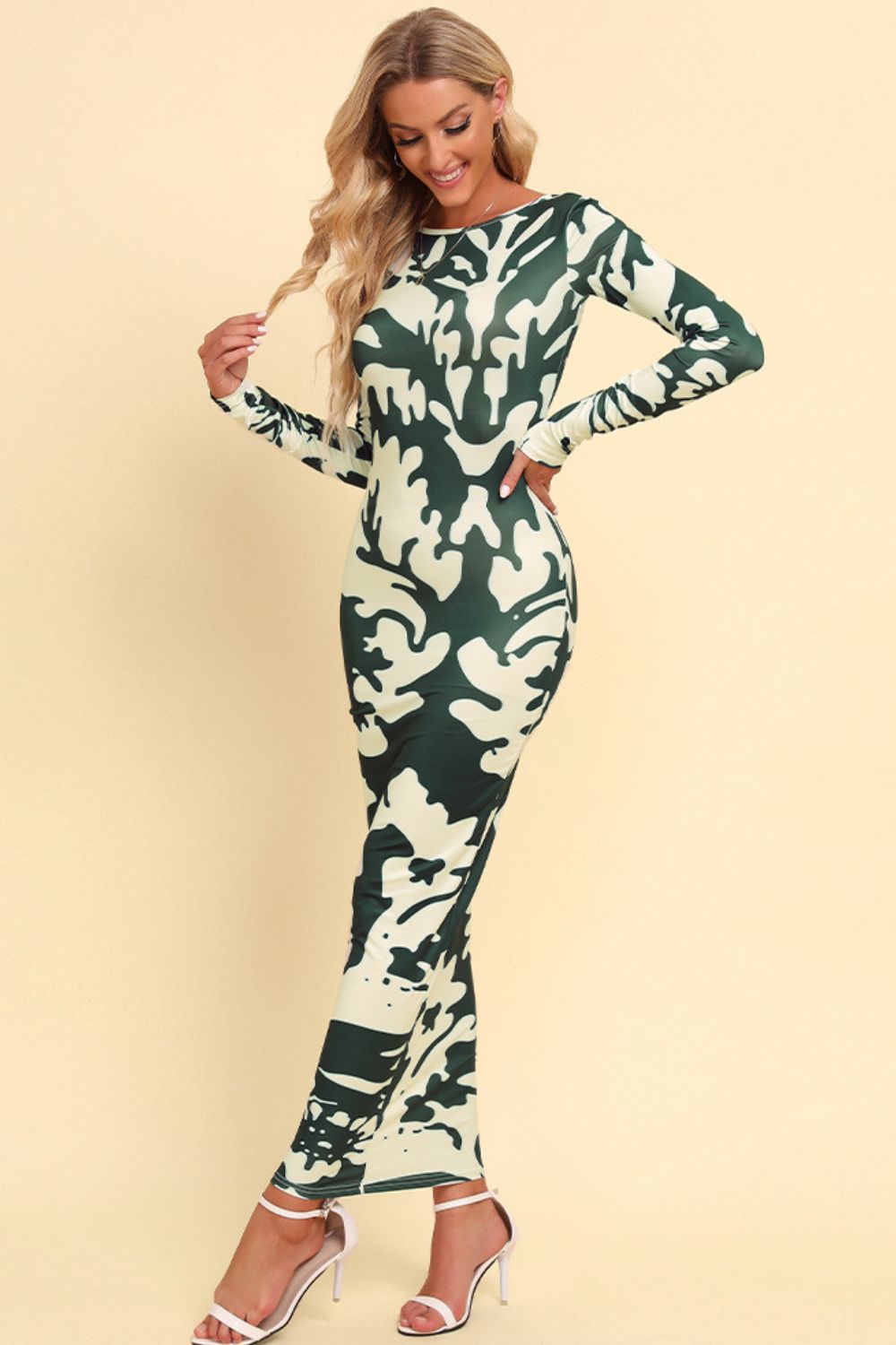 Printed Backless Long Sleeve Maxi Dress.