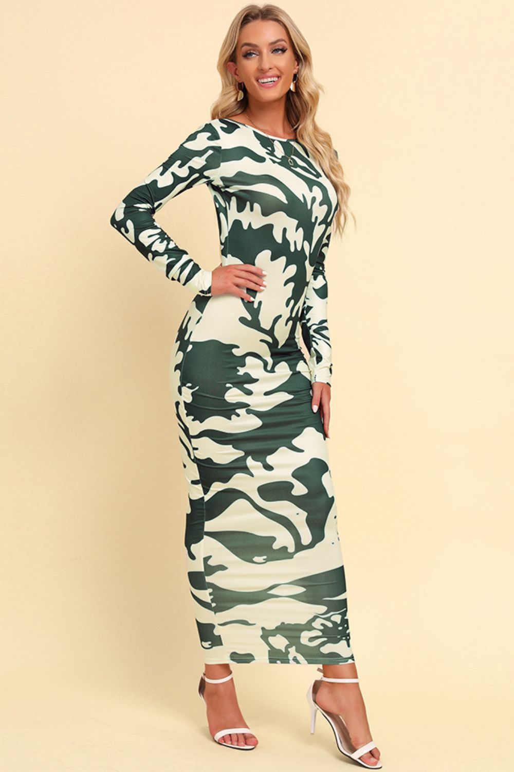 Printed Backless Long Sleeve Maxi Dress.