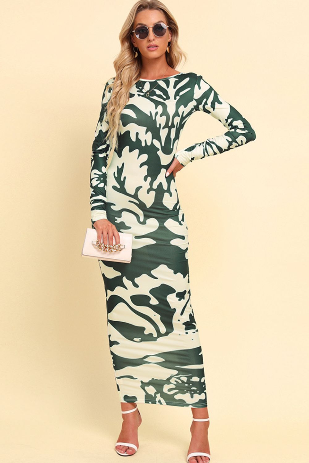 Printed Backless Long Sleeve Maxi Dress.