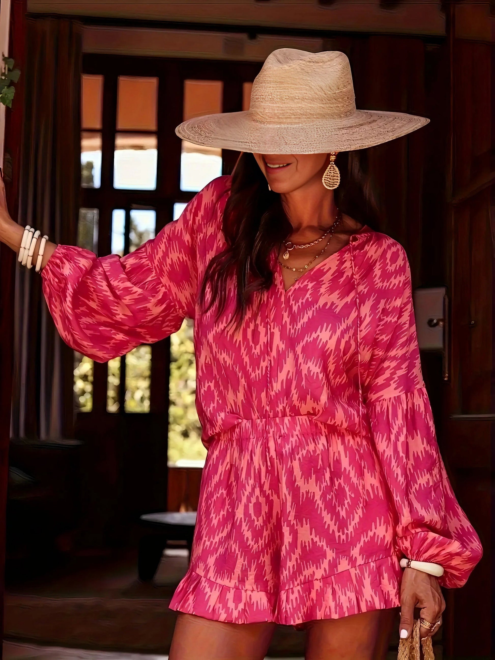 Printed balloon sleeve top and shorts set, women's stylish two-piece outfit, trendy balloon sleeves, tied peplum top, comfortable shorts, non-stretch polyester spandex blend, perfect for a unique fashion statement