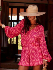 Printed balloon sleeve top and shorts set, women's stylish two-piece outfit, trendy balloon sleeves, tied peplum top, comfortable shorts, non-stretch polyester spandex blend, perfect for a unique fashion statement