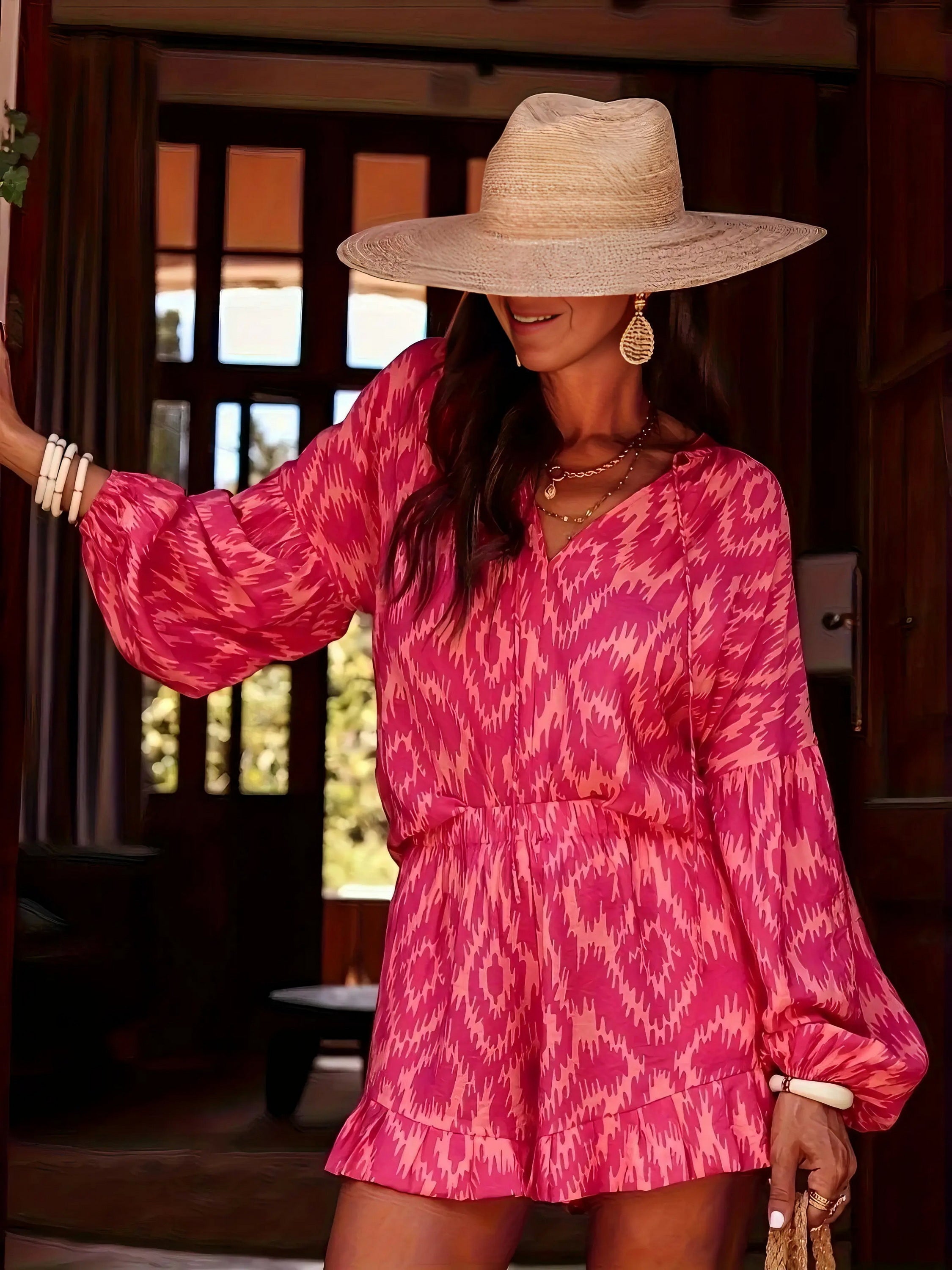 Printed balloon sleeve top and shorts set, women's stylish two-piece outfit, trendy balloon sleeves, tied peplum top, comfortable shorts, non-stretch polyester spandex blend, perfect for a unique fashion statement