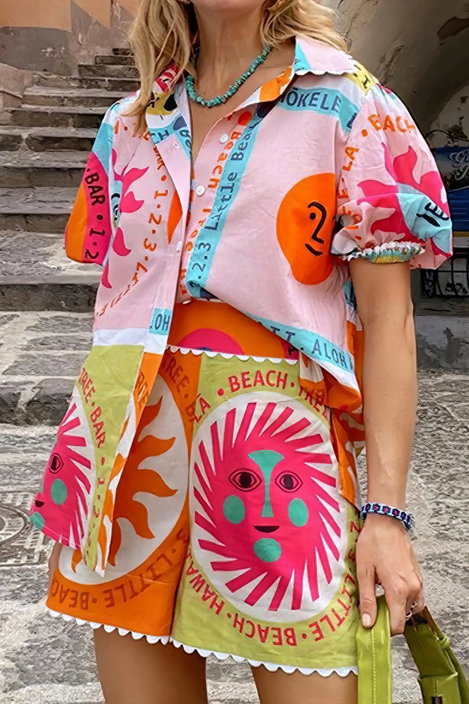 printed button down shirt and shorts set, stylish women's two-piece outfit, coordinated summer fashion, comfortable printed set, casual chic ensemble, perfect for a put-together look