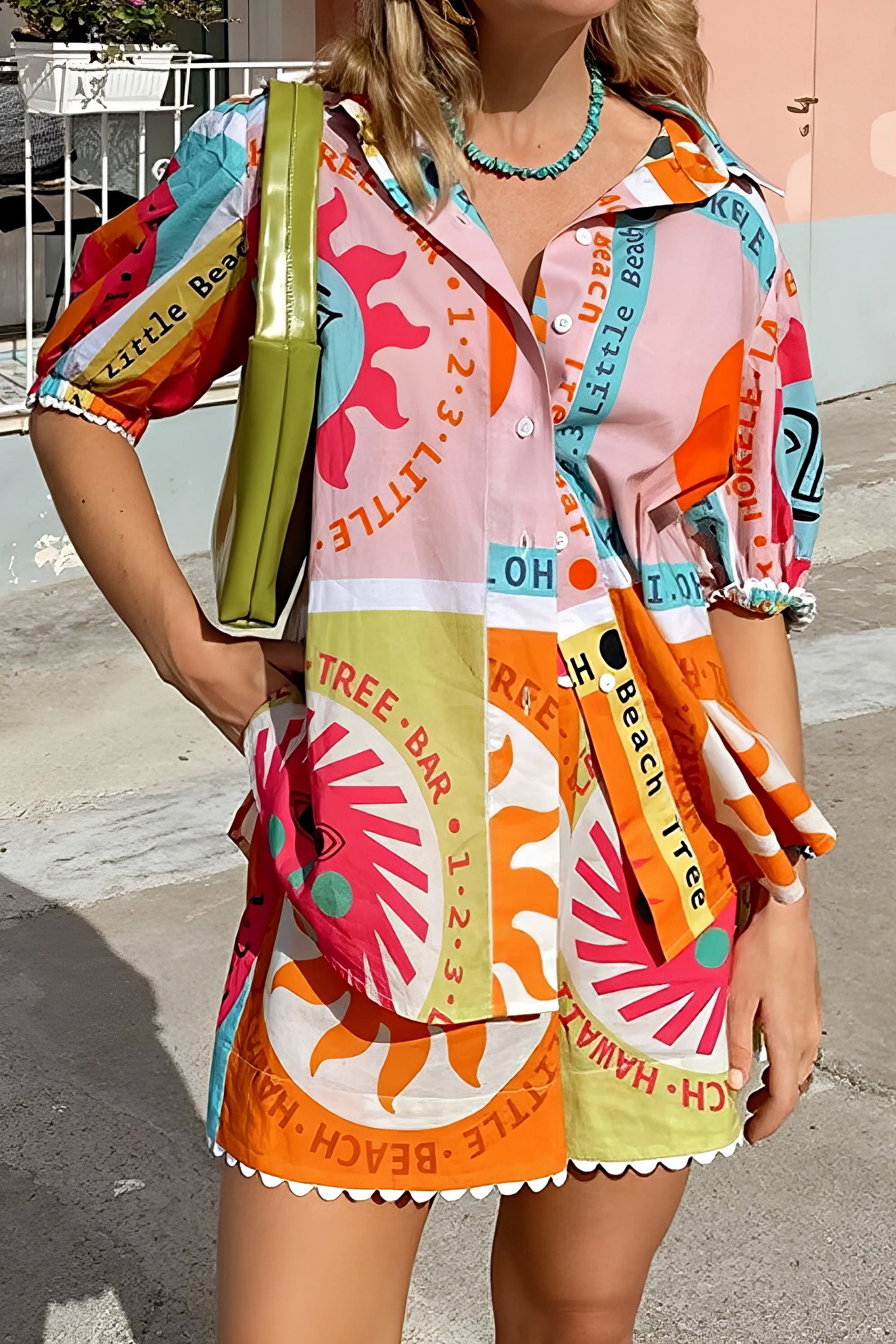 printed button down shirt and shorts set, stylish women's two-piece outfit, coordinated summer fashion, comfortable printed set, casual chic ensemble, perfect for a put-together look