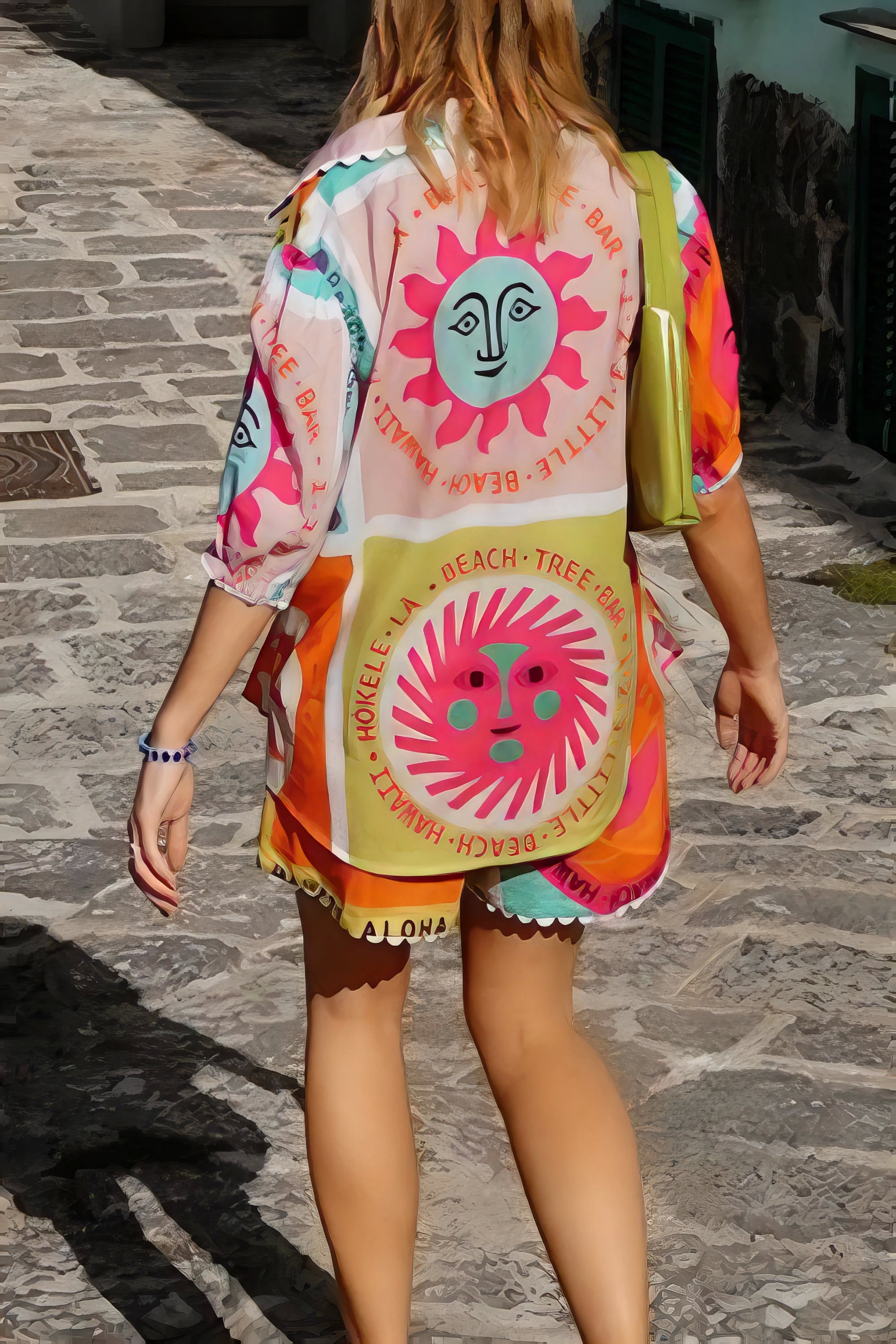 printed button down shirt and shorts set, stylish women's two-piece outfit, coordinated summer fashion, comfortable printed set, casual chic ensemble, perfect for a put-together look