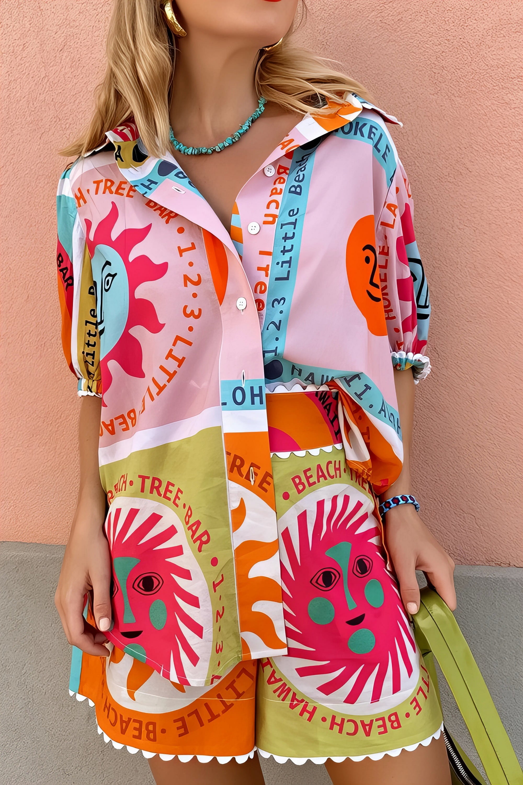 printed button down shirt and shorts set, stylish women's two-piece outfit, coordinated summer fashion, comfortable printed set, casual chic ensemble, perfect for a put-together look