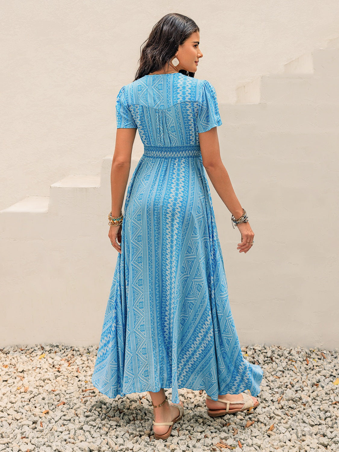 Printed Button Down Short Sleeve Maxi Dress.
