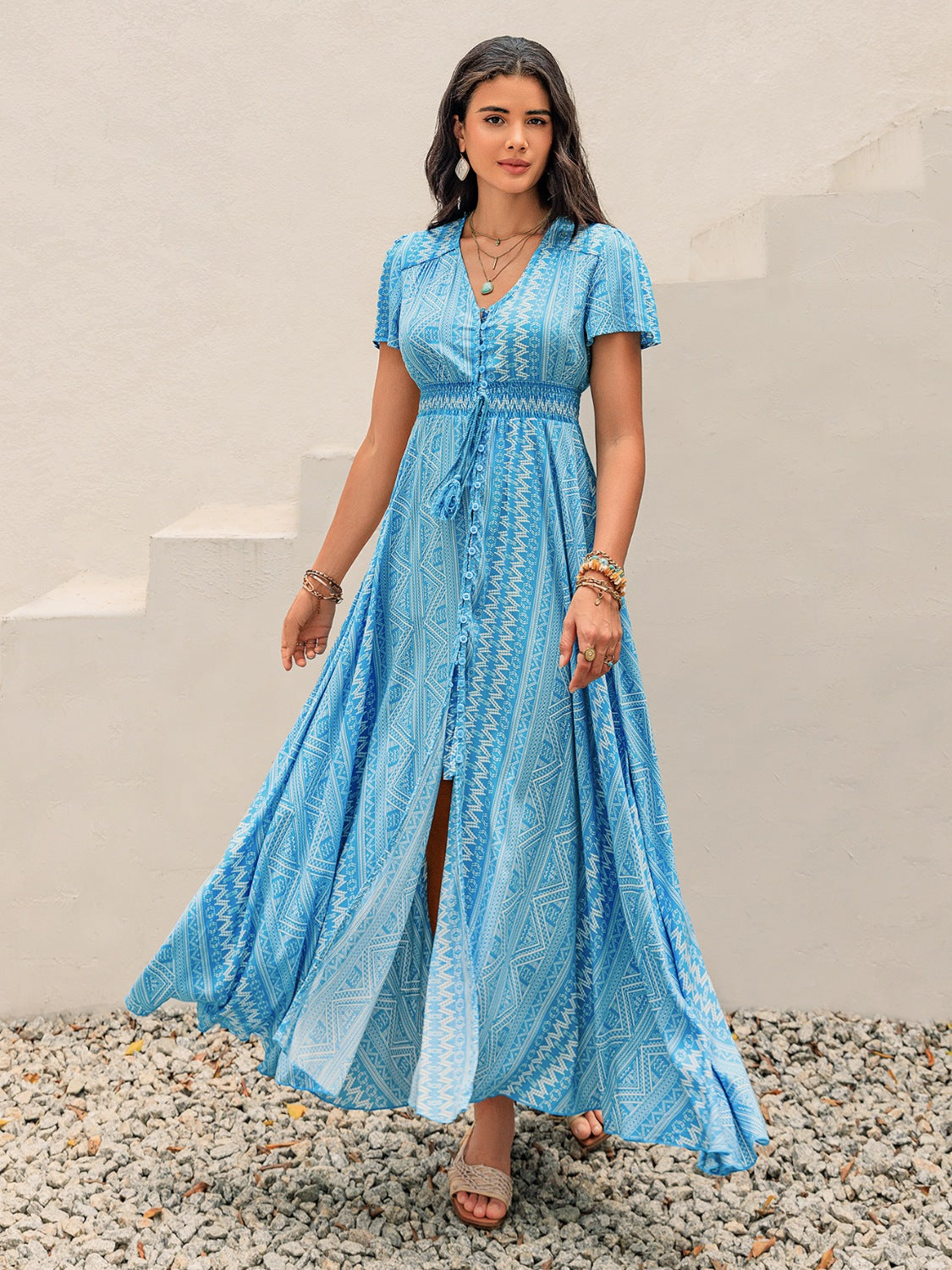 Printed Button Down Short Sleeve Maxi Dress.