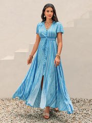 Printed Button Down Short Sleeve Maxi Dress.