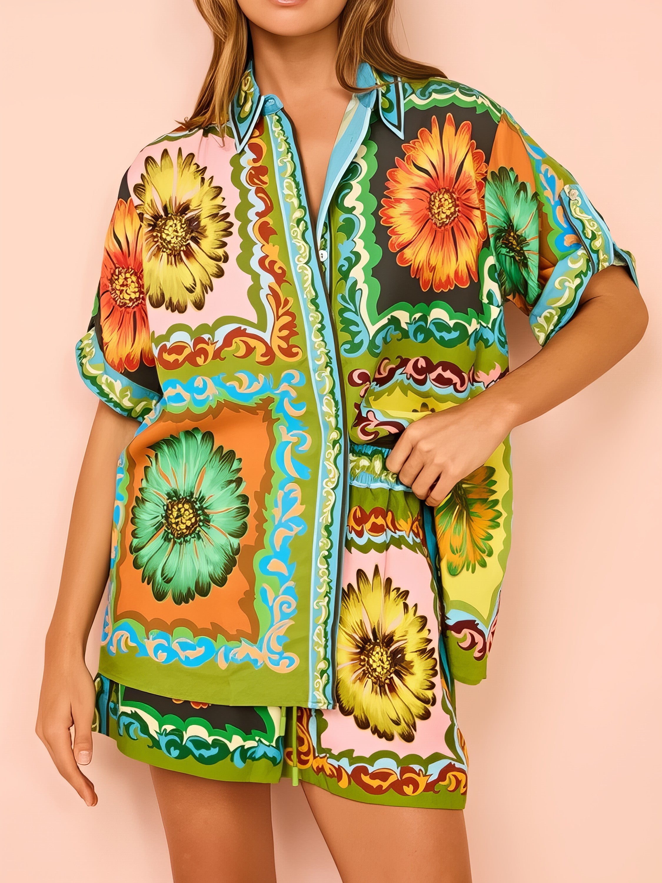 Women's printed button-down top and drawstring shorts matching set with pockets