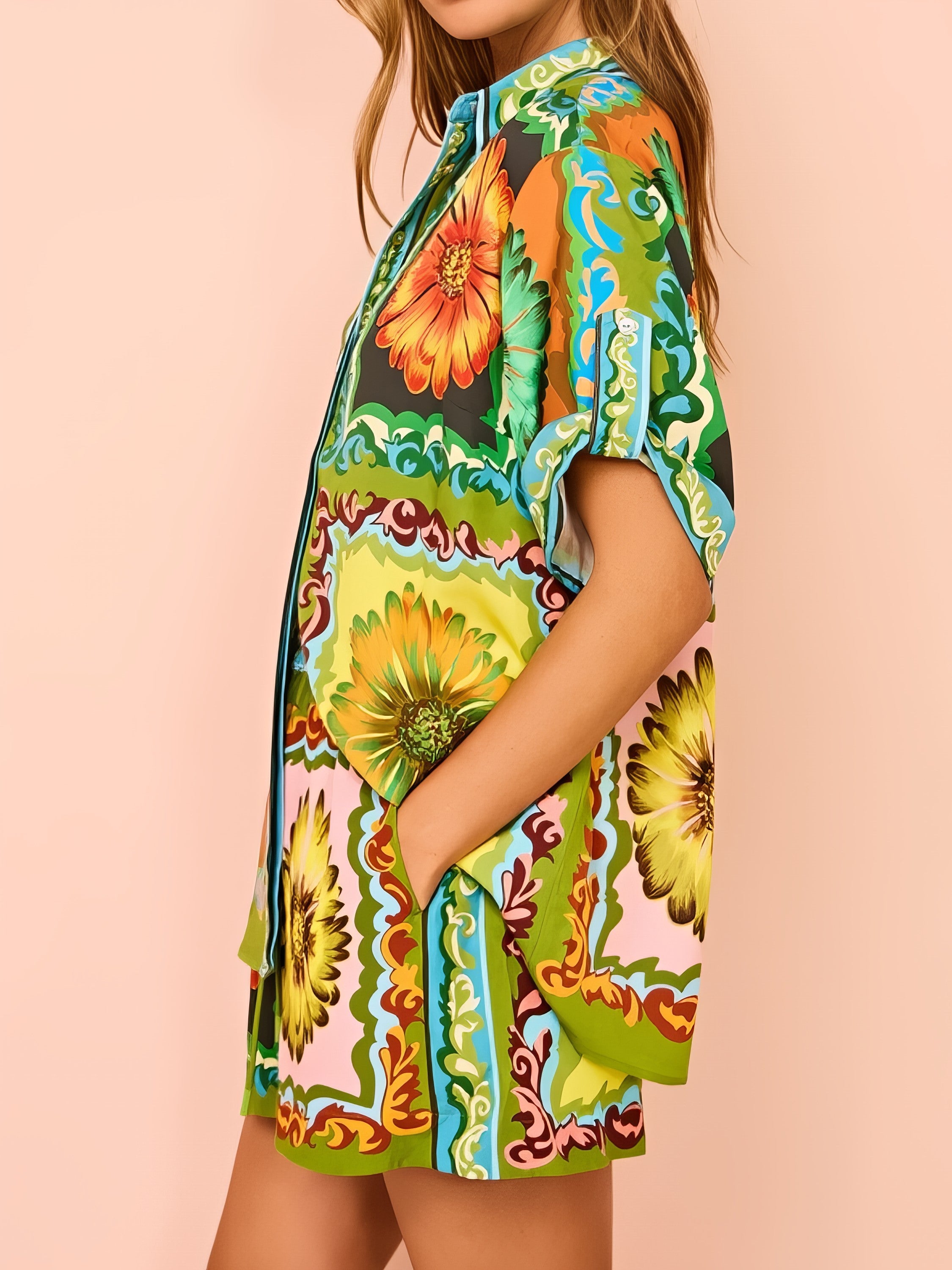 Women's printed button-down top and drawstring shorts matching set with pockets