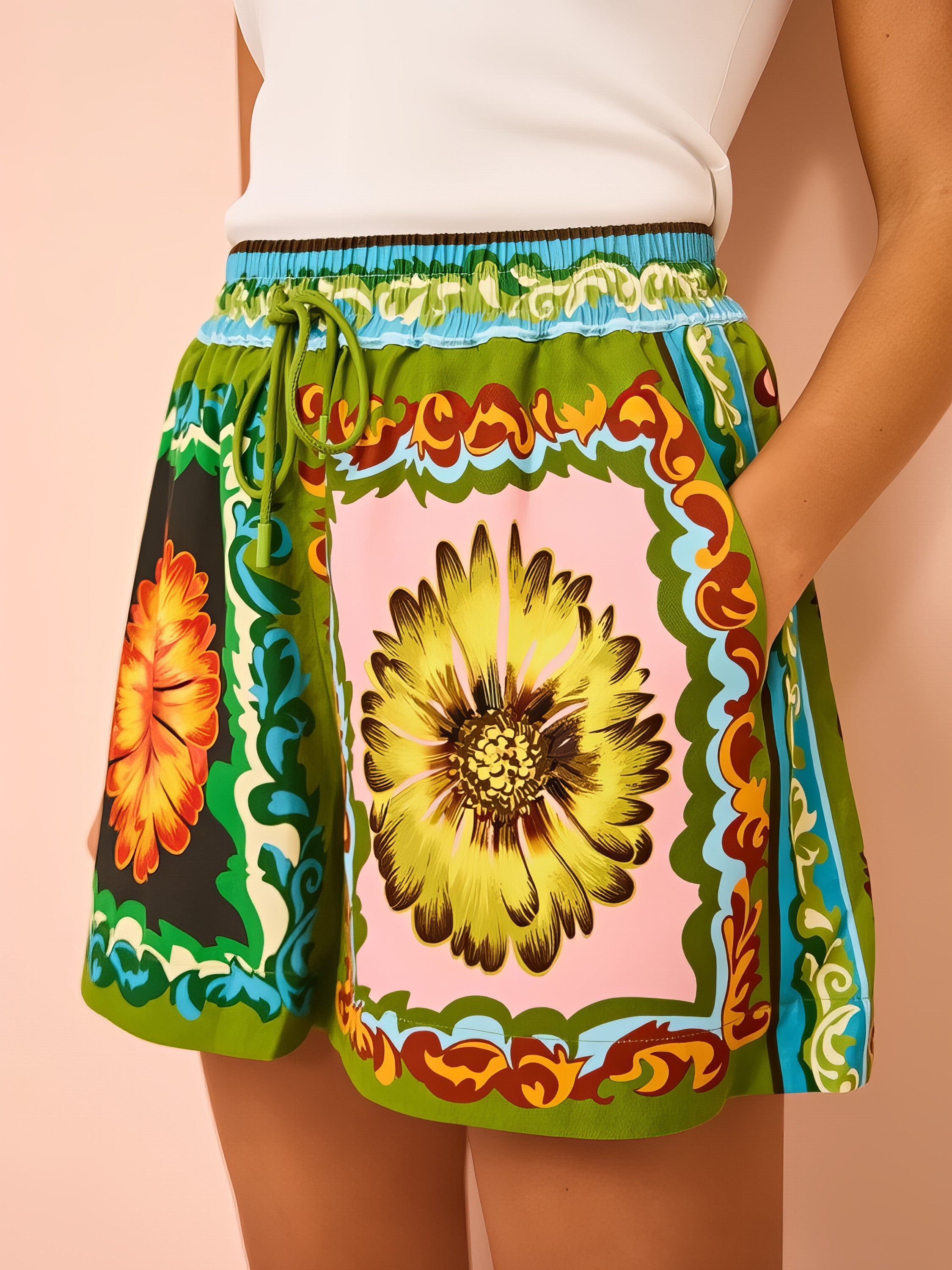 Women's printed button-down top and drawstring shorts matching set with pockets