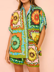 Women's printed button-down top and drawstring shorts matching set with pockets