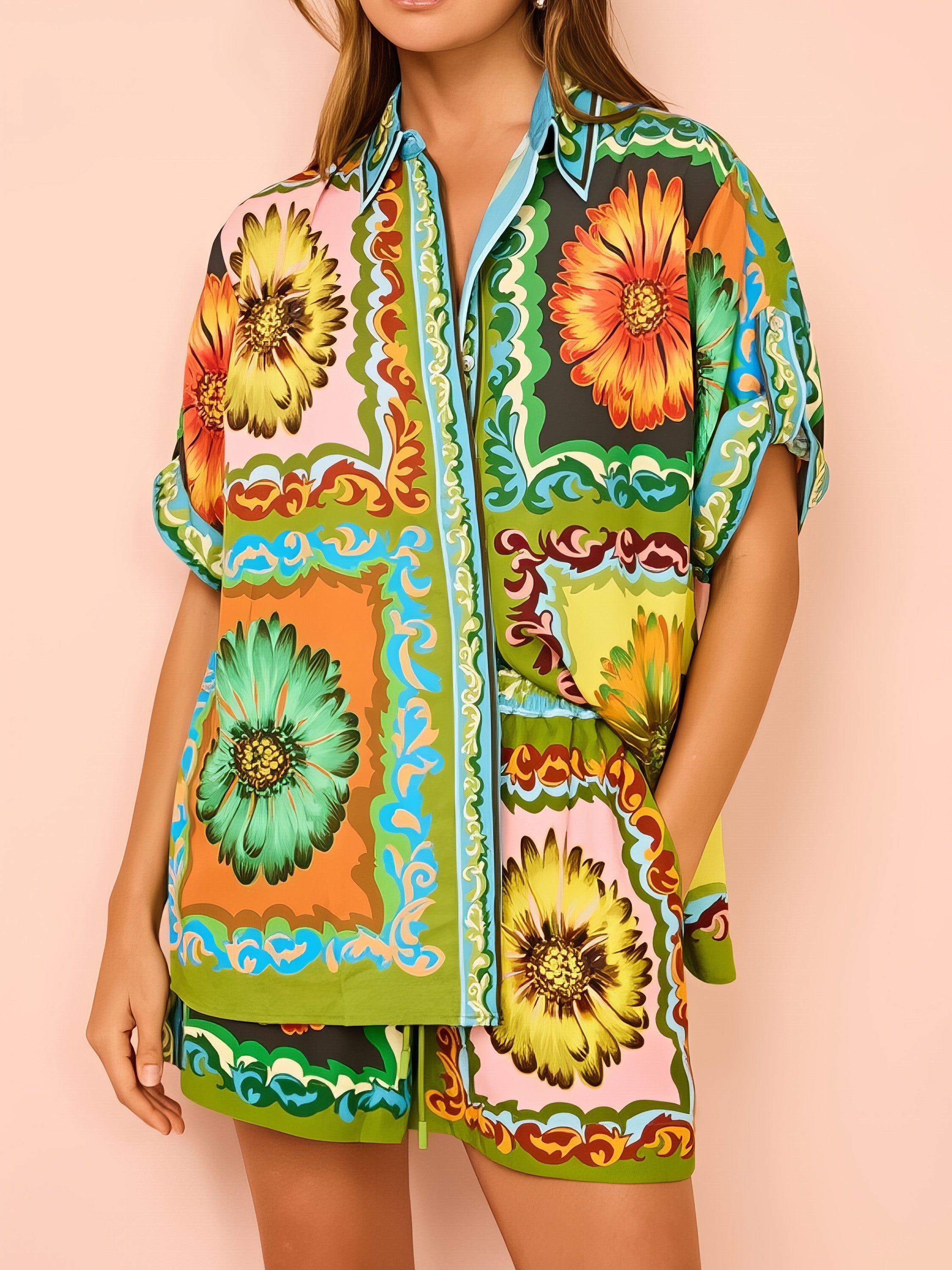 Women's printed button-down top and drawstring shorts matching set with pockets