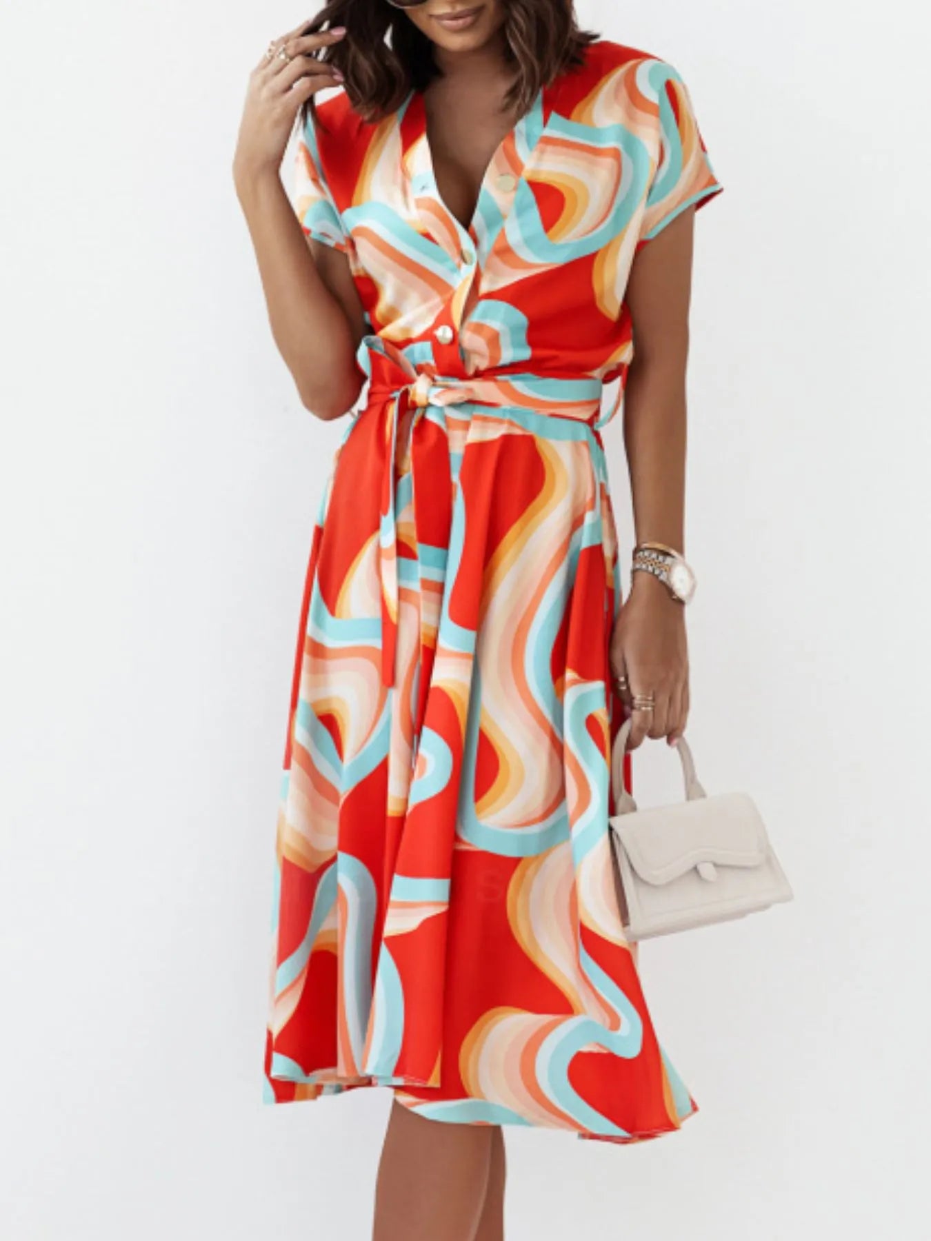 Printed Button Front Midi Dress with Belt.
