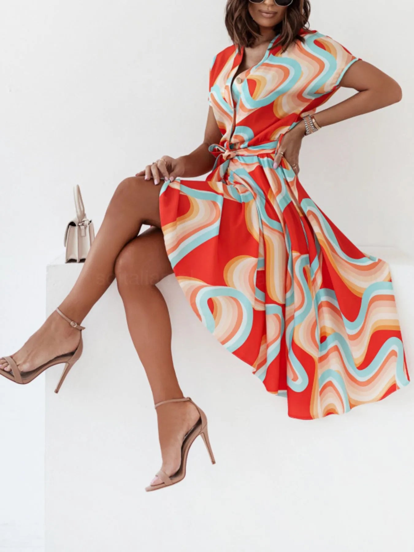 Printed Button Front Midi Dress with Belt.