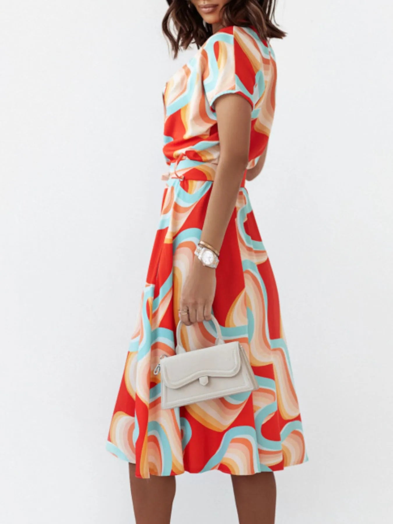 Printed Button Front Midi Dress with Belt.