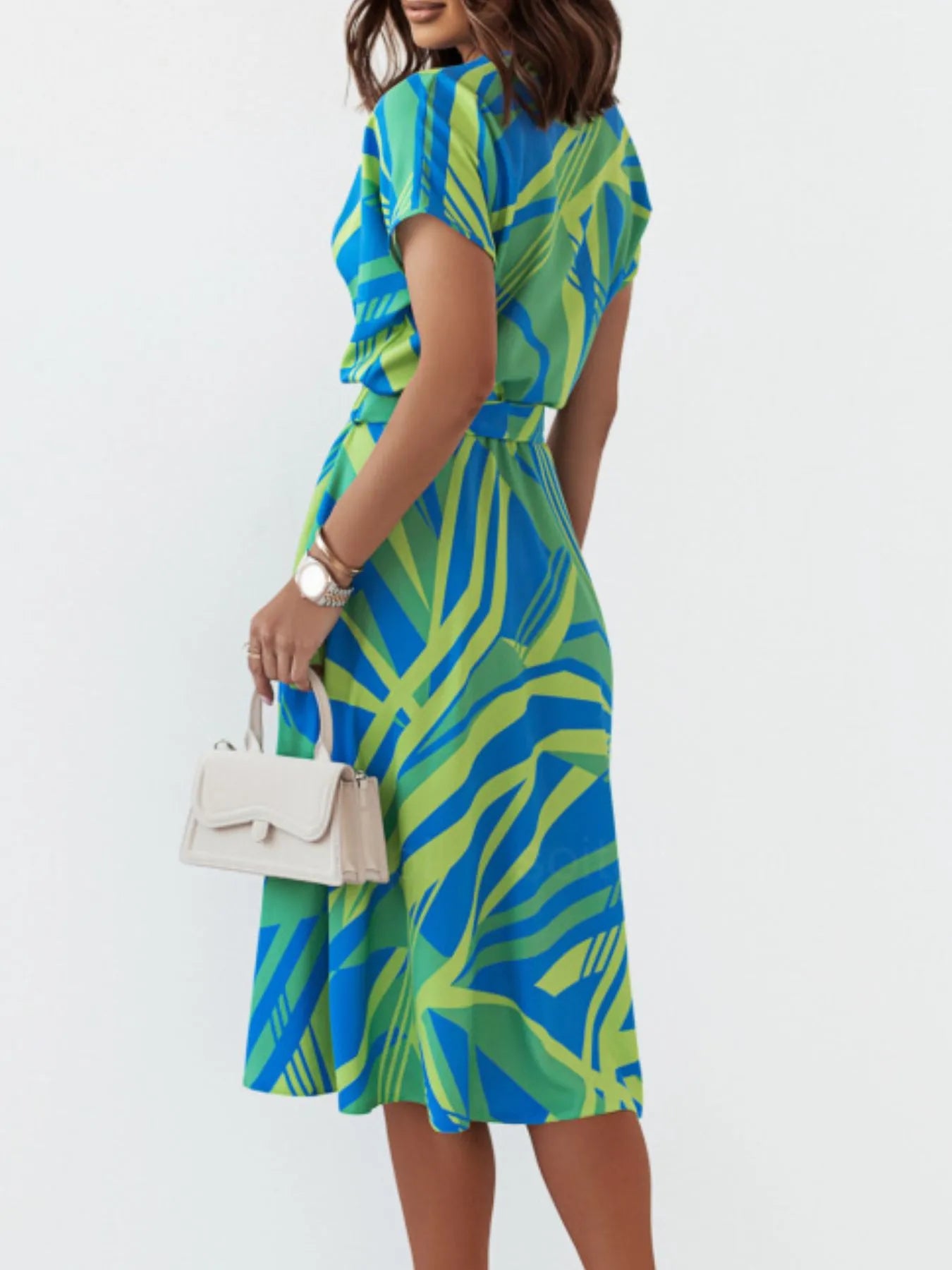 Printed Button Front Midi Dress with Belt.