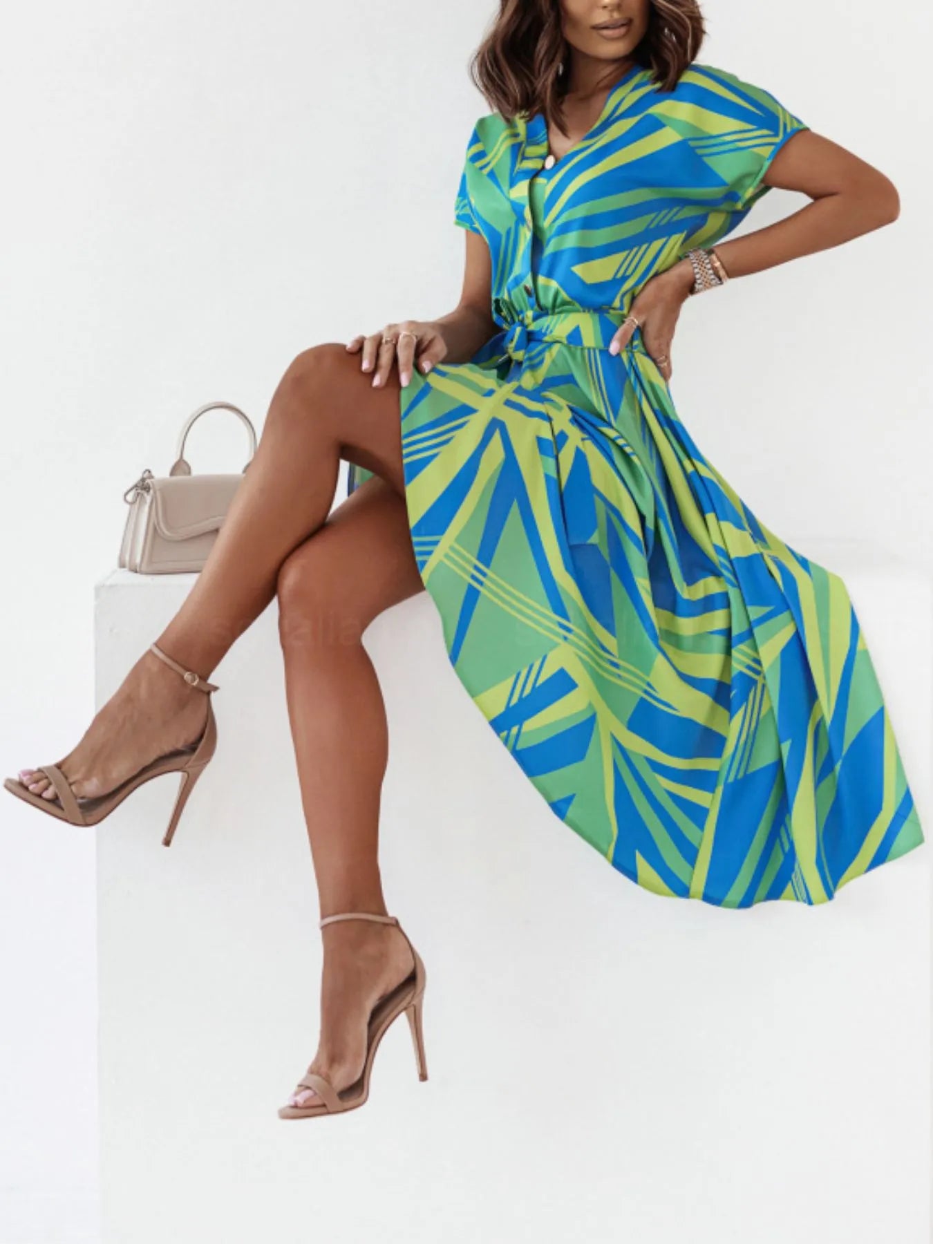Printed Button Front Midi Dress with Belt.