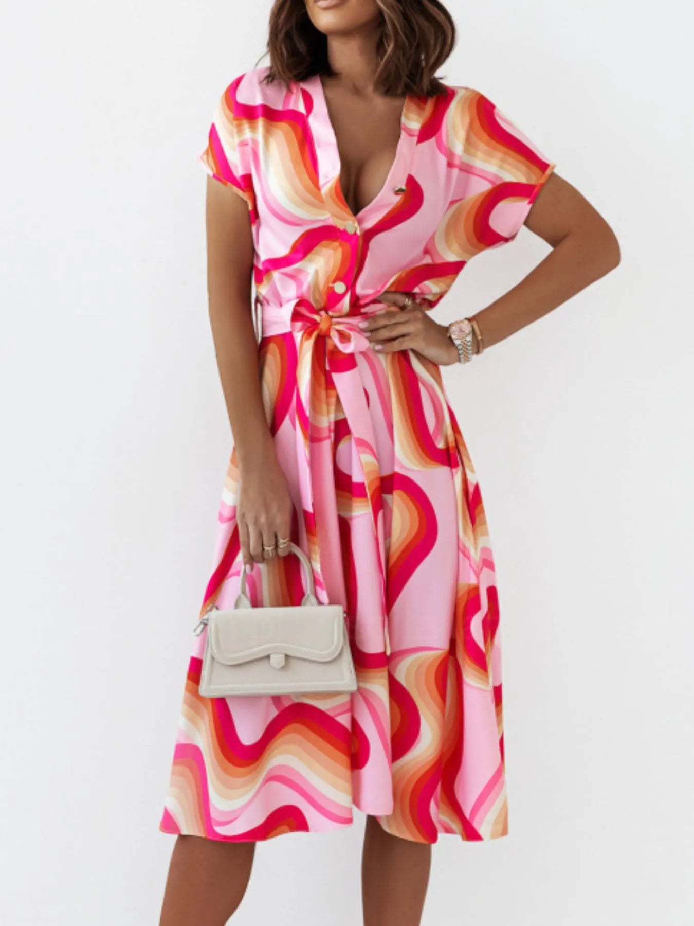 Printed Button Front Midi Dress with Belt.