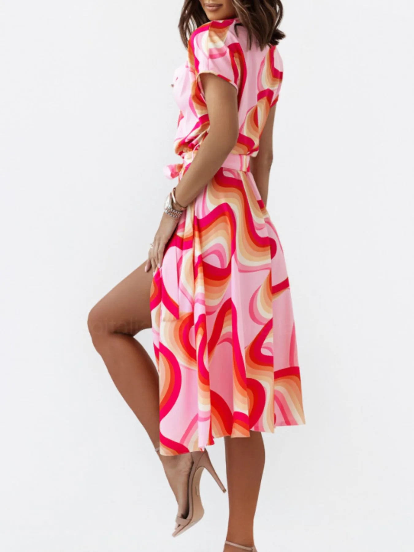 Printed Button Front Midi Dress with Belt.