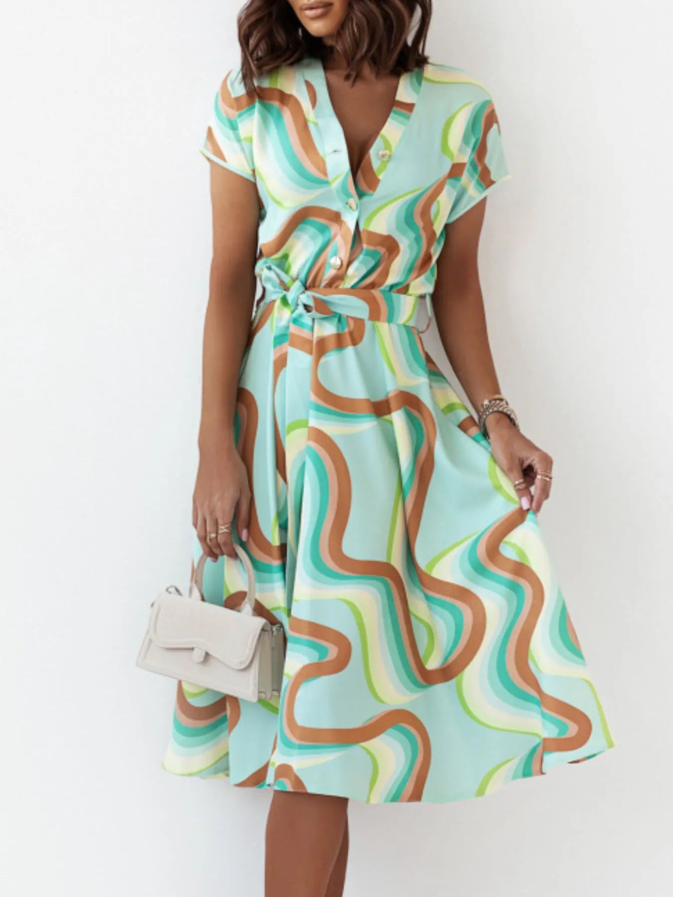 Printed Button Front Midi Dress with Belt.
