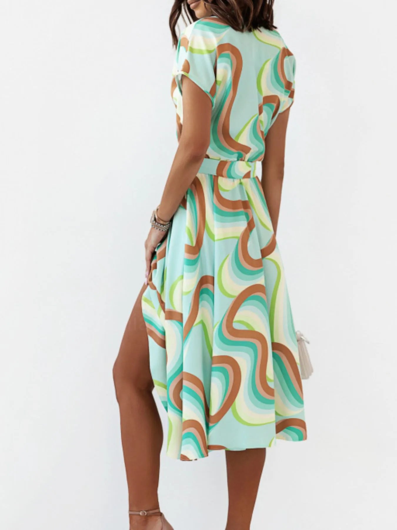 Printed Button Front Midi Dress with Belt.