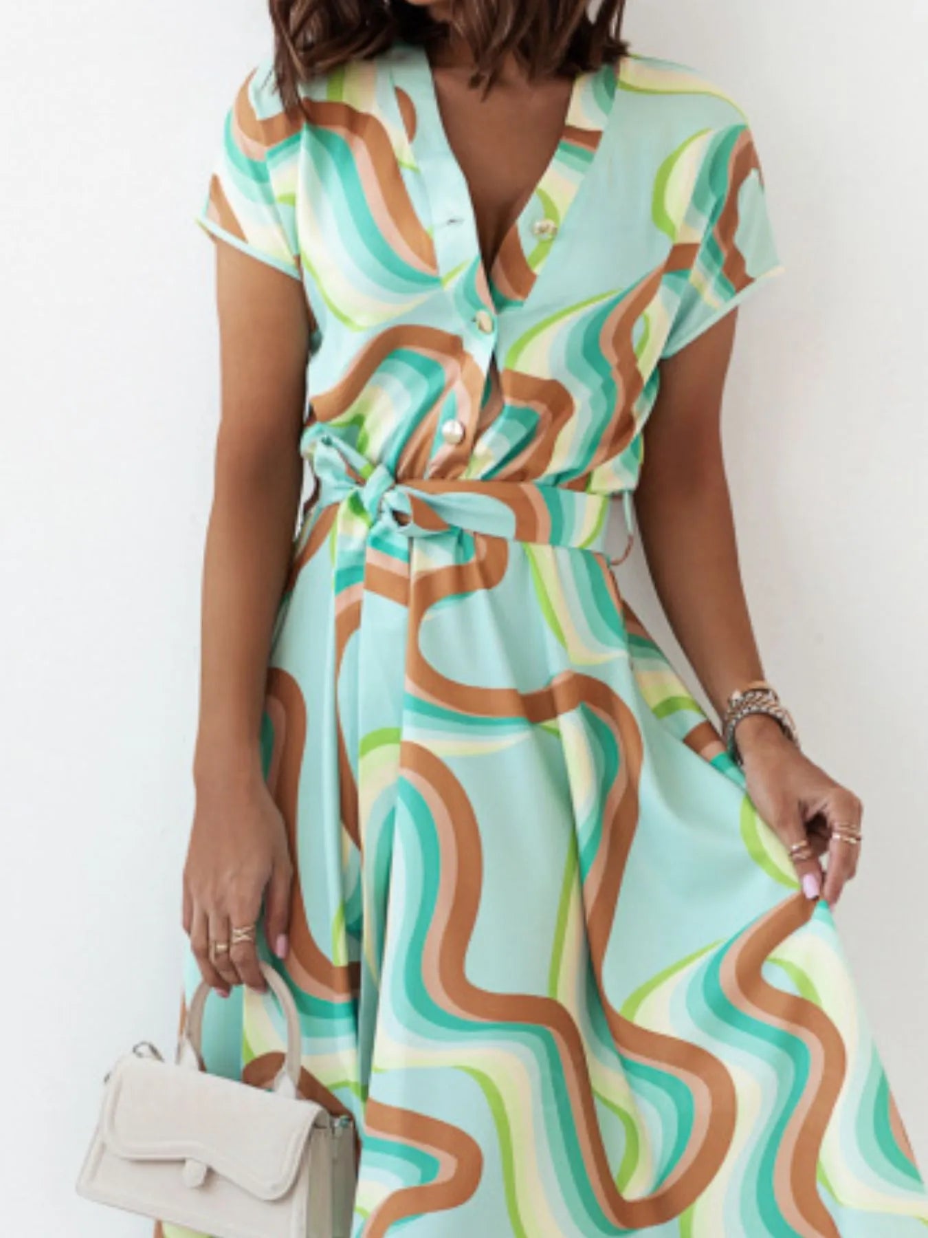 Printed Button Front Midi Dress with Belt.