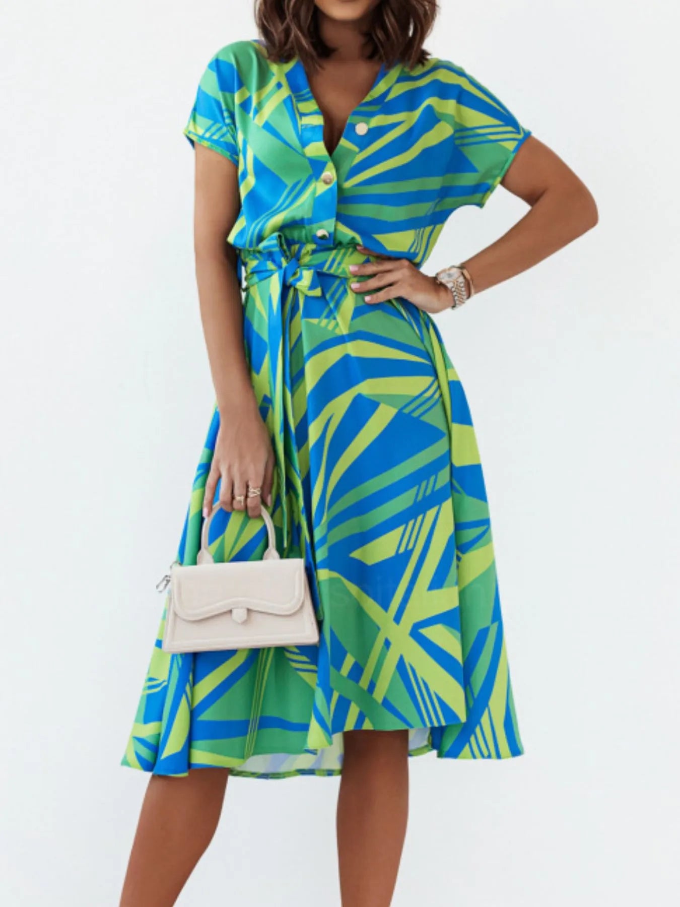 Printed Button Front Midi Dress with Belt.