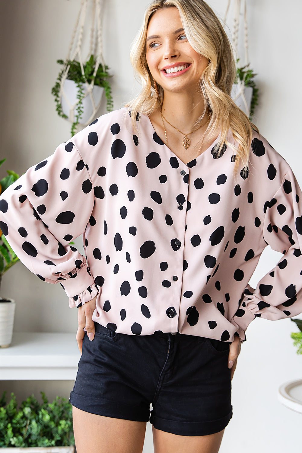 Printed Button Up Flounce Sleeve Shirt with Buttoned.