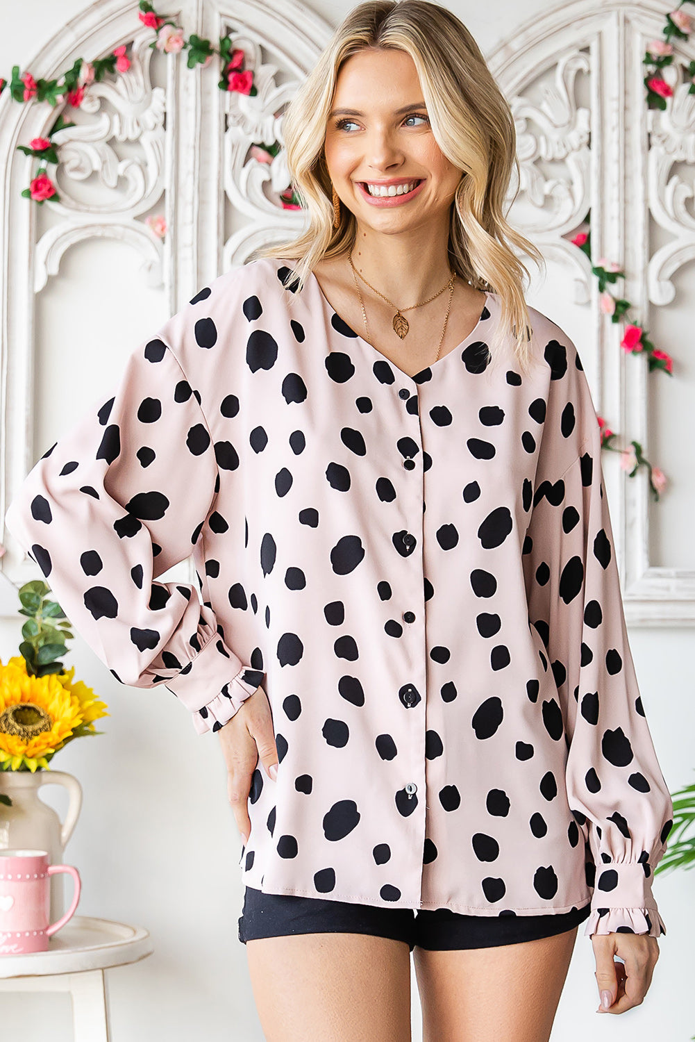 Printed Button Up Flounce Sleeve Shirt with Buttoned.