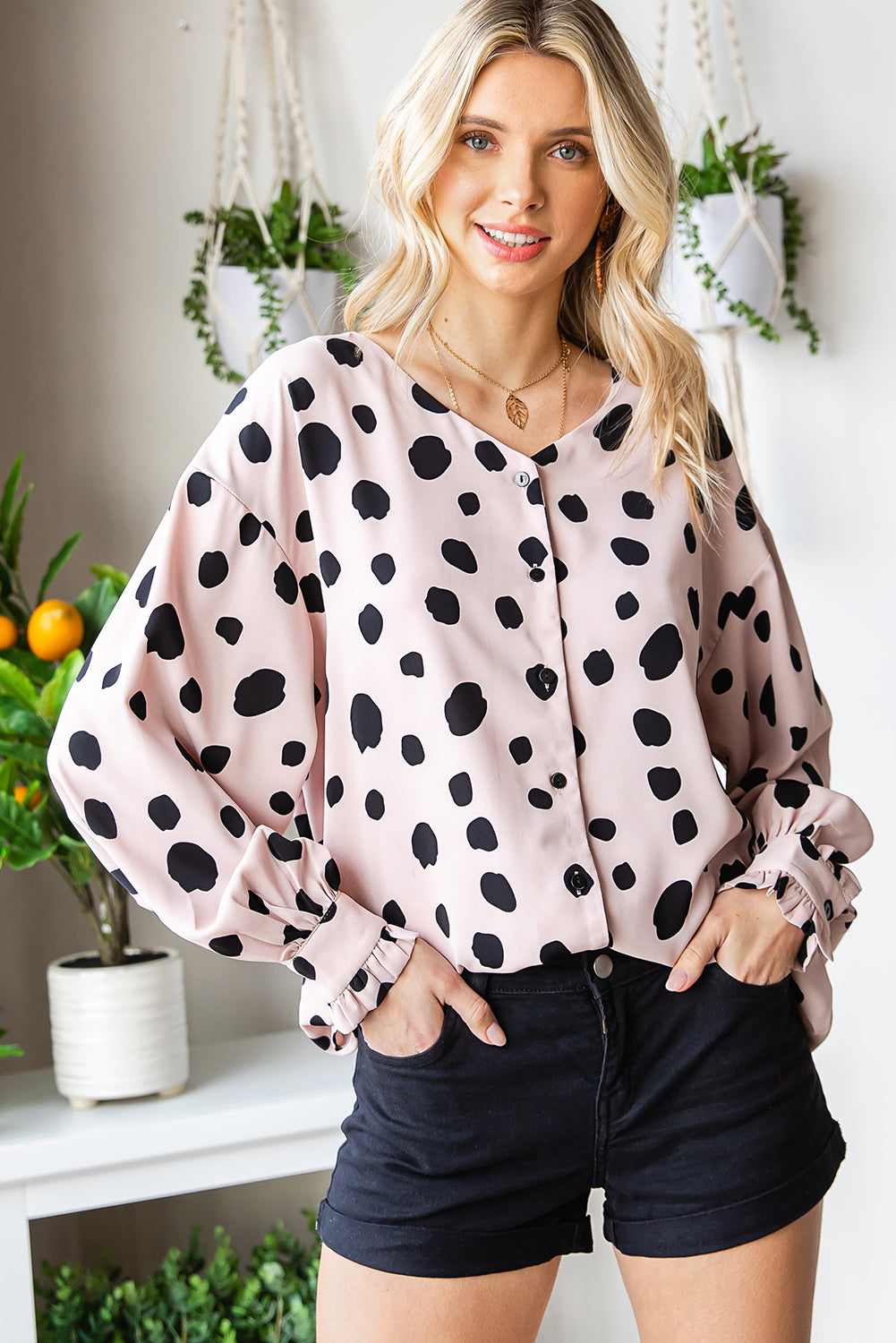 Printed Button Up Flounce Sleeve Shirt with Buttoned.