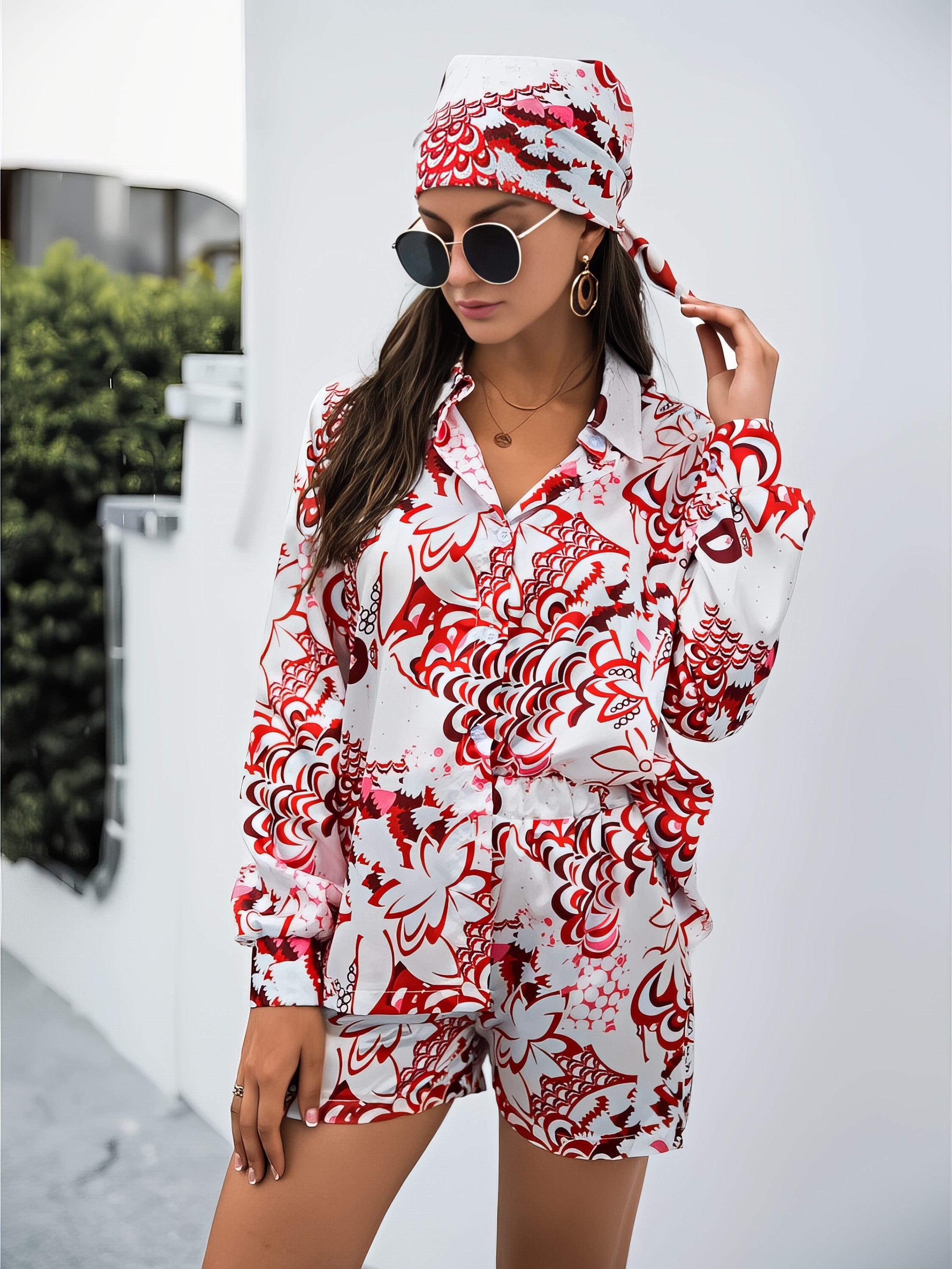 Women's printed button-up long sleeve shirt and shorts three-piece set